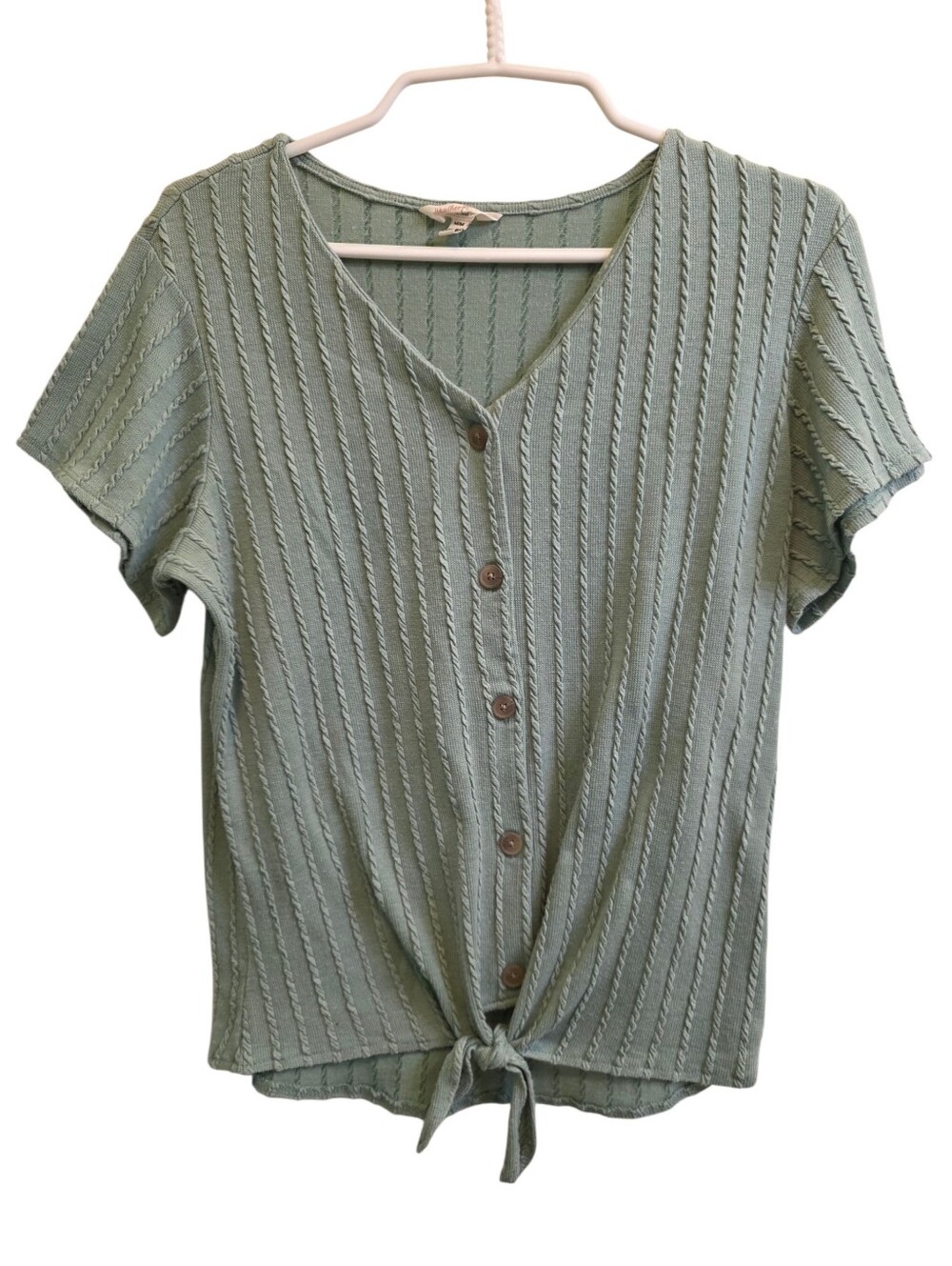 Weatherproof Vintage Ribbed Braided Knit Button-Up Tie Front Blouse Sage Green M